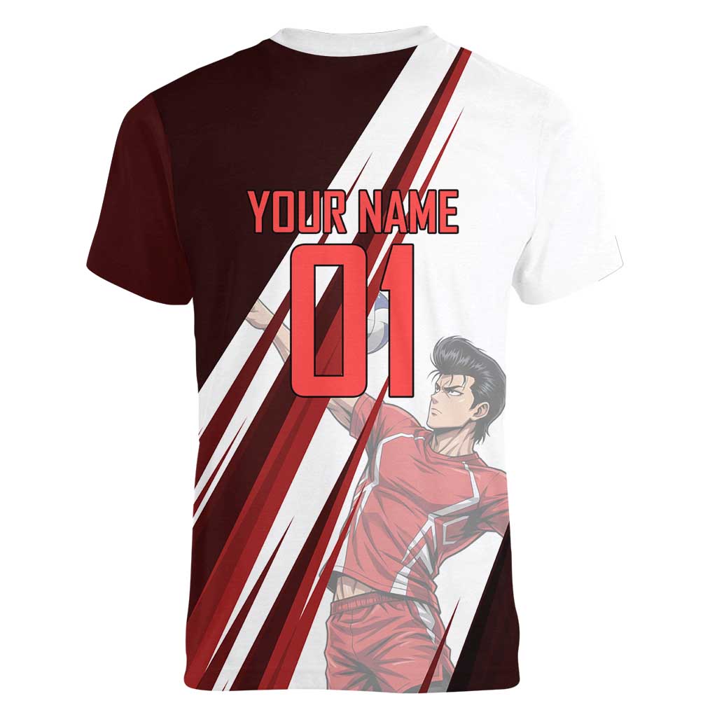 Personalized Metal Bat Volleyball Design Women V-Neck T-Shirt with Red Athletic Theme and Powerful Action Pose