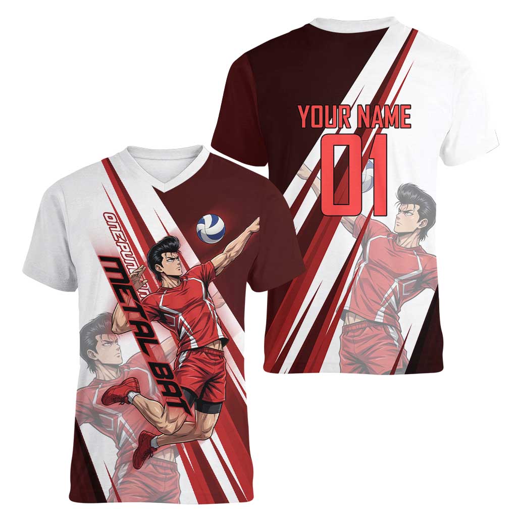 Personalized Metal Bat Volleyball Design Women V-Neck T-Shirt with Red Athletic Theme and Powerful Action Pose