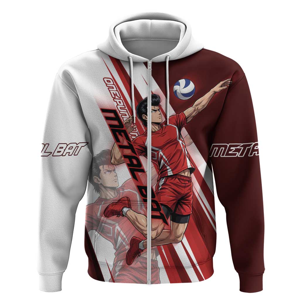Personalized Metal Bat Volleyball Design Zip Hoodie with Red Athletic Theme and Powerful Action Pose