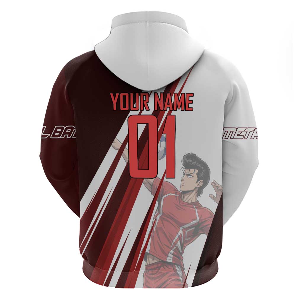 Personalized Metal Bat Volleyball Design Zip Hoodie with Red Athletic Theme and Powerful Action Pose