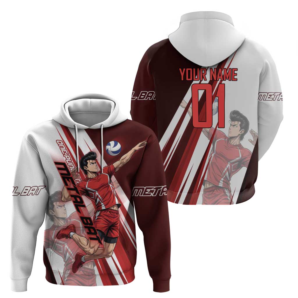 Personalized Metal Bat Volleyball Design Zip Hoodie with Red Athletic Theme and Powerful Action Pose