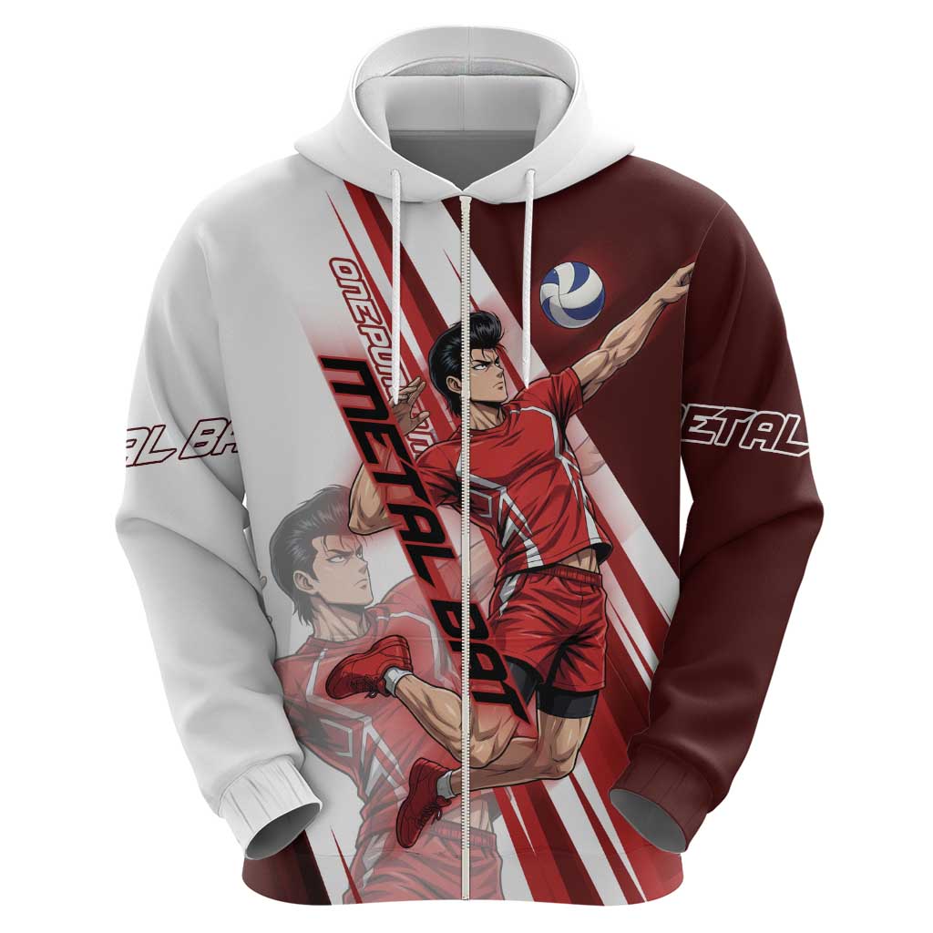 Personalized Metal Bat Volleyball Design Zip Hoodie with Red Athletic Theme and Powerful Action Pose