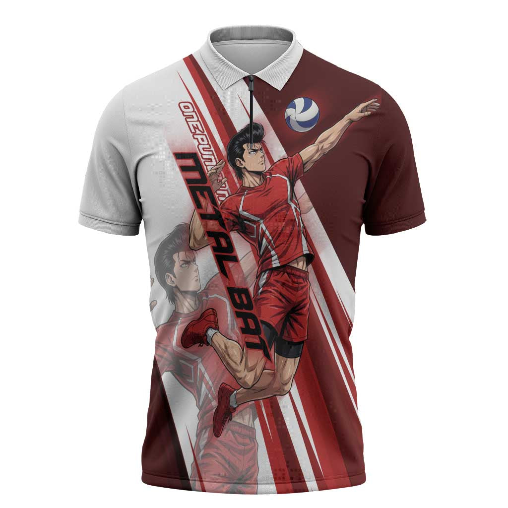 Personalized Metal Bat Volleyball Design Zipper Polo Shirt with Red Athletic Theme and Powerful Action Pose