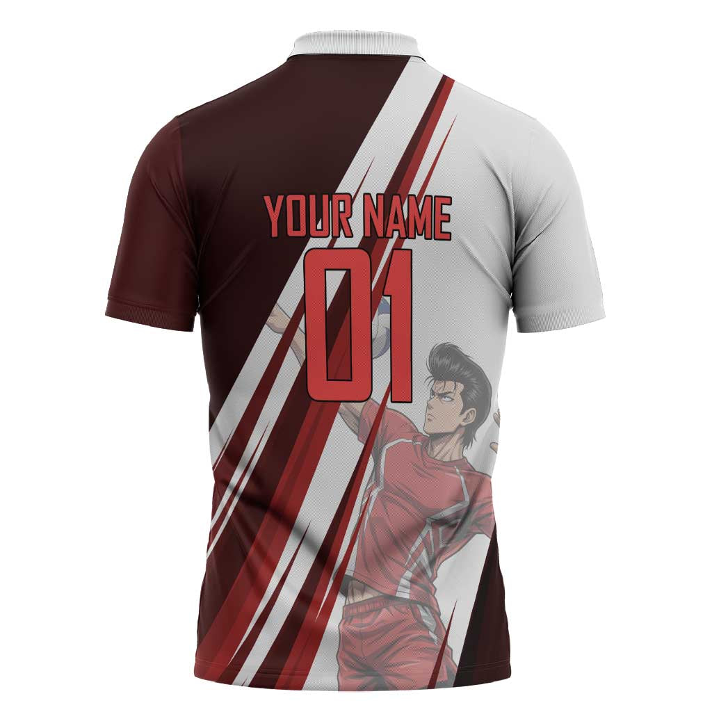 Personalized Metal Bat Volleyball Design Zipper Polo Shirt with Red Athletic Theme and Powerful Action Pose