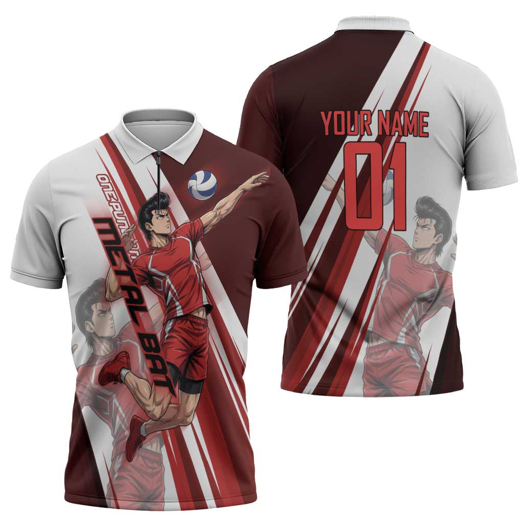 Personalized Metal Bat Volleyball Design Zipper Polo Shirt with Red Athletic Theme and Powerful Action Pose
