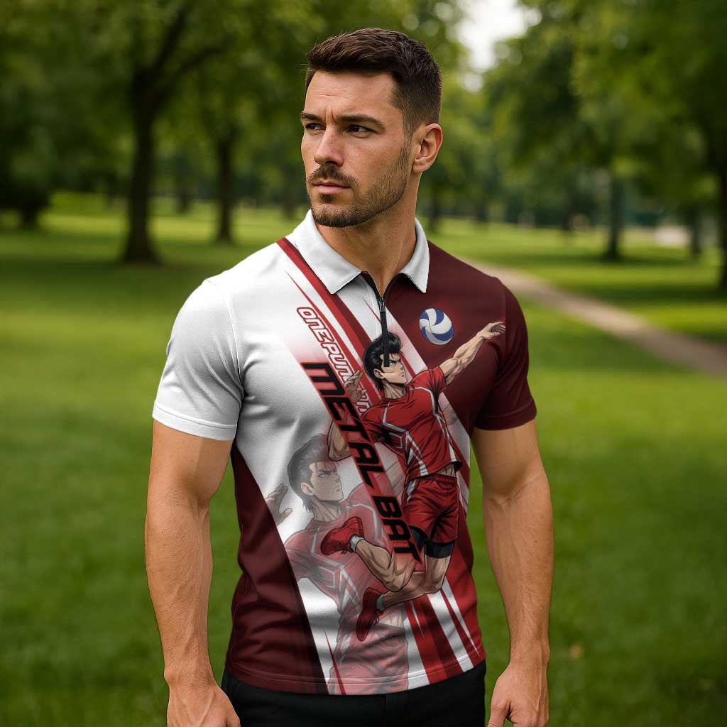 Personalized Metal Bat Volleyball Design Zipper Polo Shirt with Red Athletic Theme and Powerful Action Pose