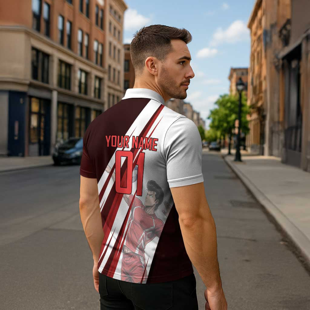 Personalized Metal Bat Volleyball Design Zipper Polo Shirt with Red Athletic Theme and Powerful Action Pose
