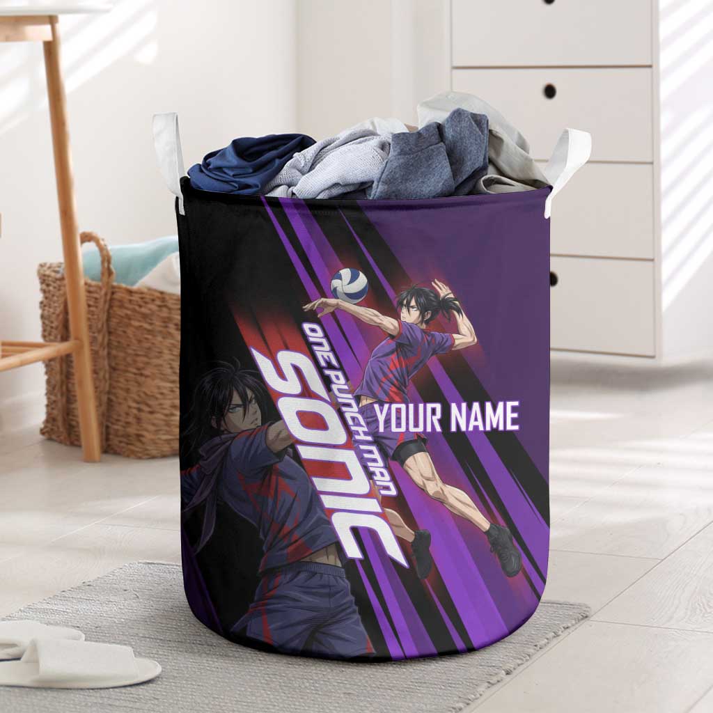 Personalized Sonic Volleyball Design Laundry Basket with Purple and Black Athletic Theme and Agile Jump Pose