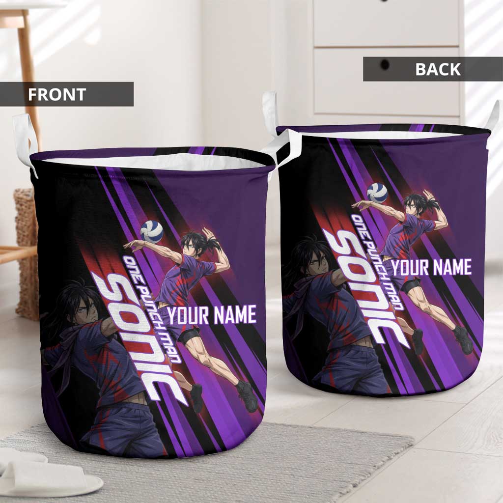 Personalized Sonic Volleyball Design Laundry Basket with Purple and Black Athletic Theme and Agile Jump Pose