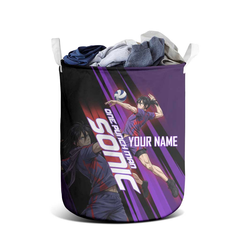 Personalized Sonic Volleyball Design Laundry Basket with Purple and Black Athletic Theme and Agile Jump Pose