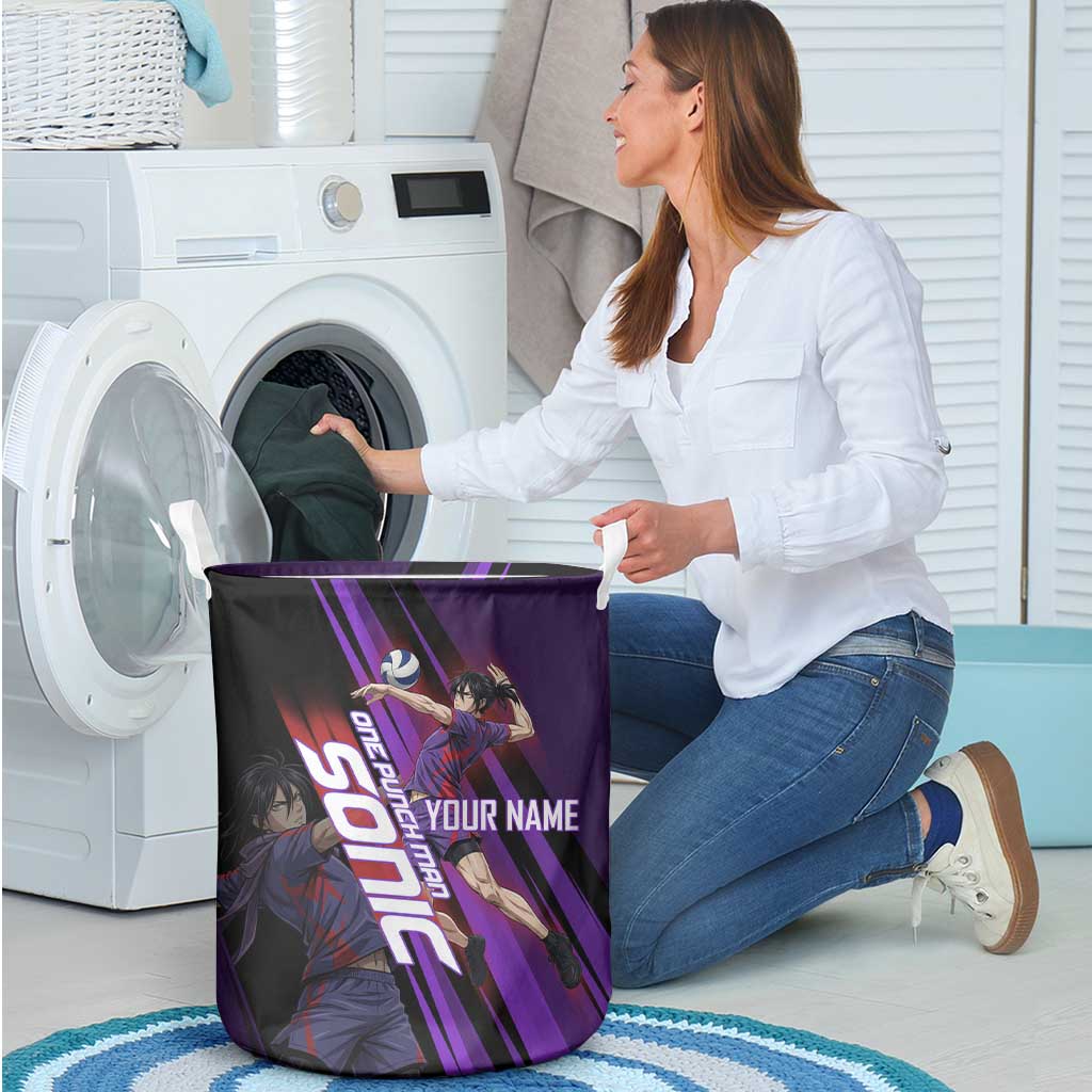 Personalized Sonic Volleyball Design Laundry Basket with Purple and Black Athletic Theme and Agile Jump Pose