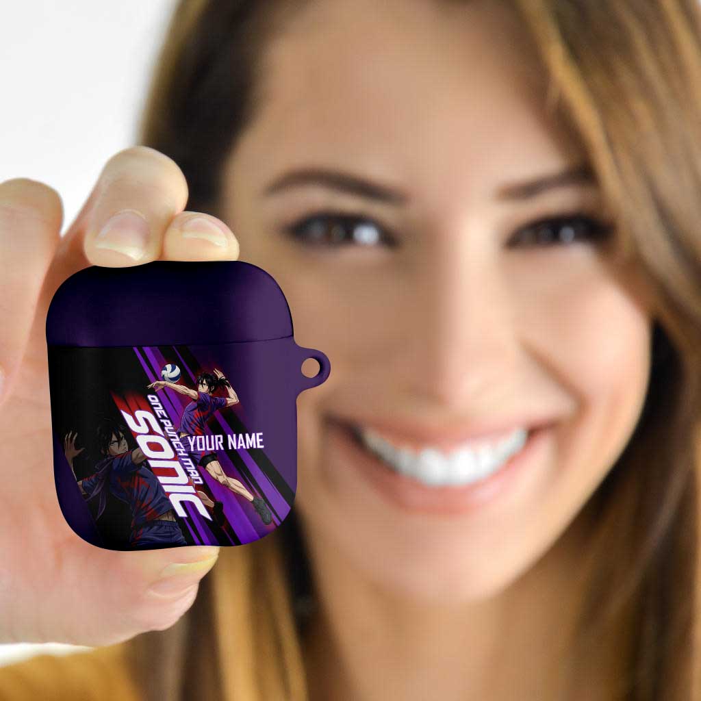Personalized Sonic Volleyball Design AirPods Case with Purple and Black Athletic Theme and Agile Jump Pose