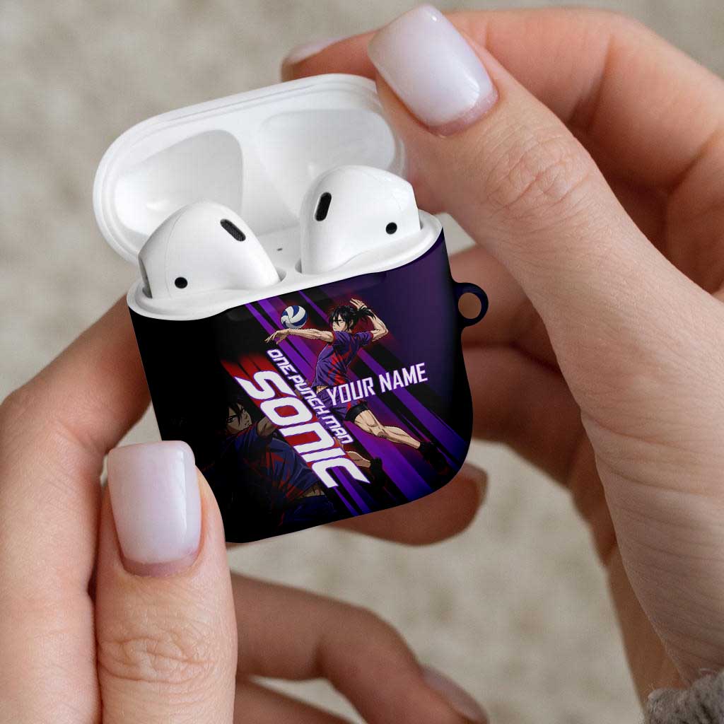 Personalized Sonic Volleyball Design AirPods Case with Purple and Black Athletic Theme and Agile Jump Pose