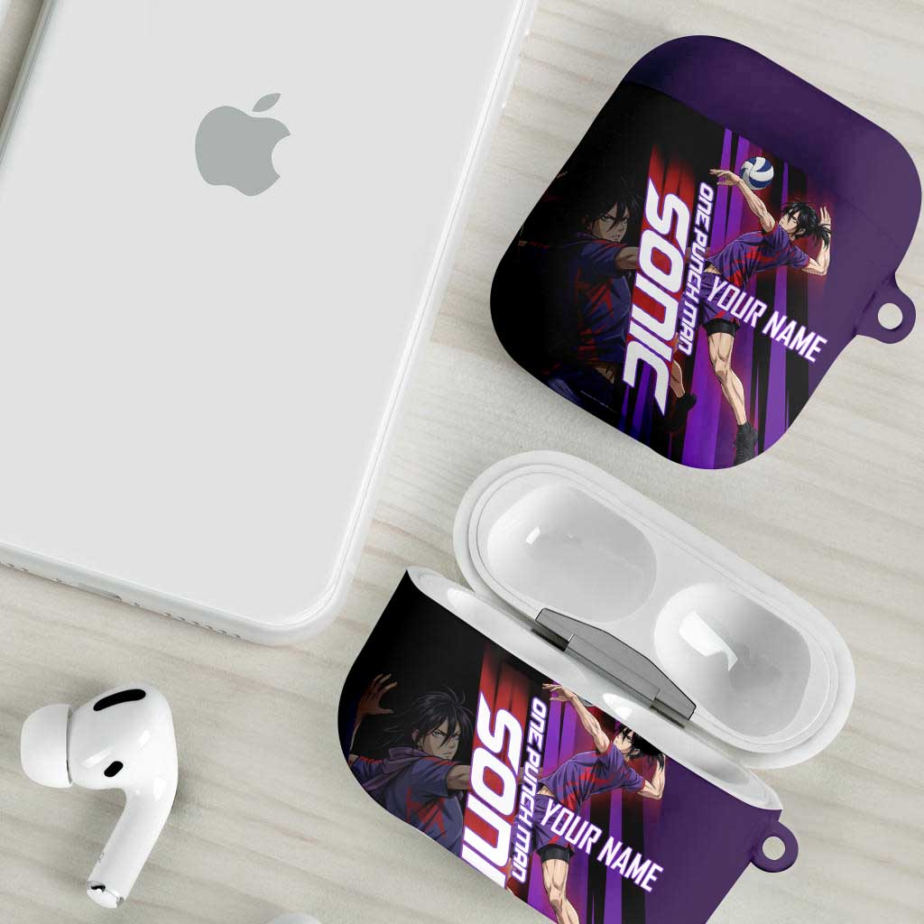 Personalized Sonic Volleyball Design AirPods Case with Purple and Black Athletic Theme and Agile Jump Pose
