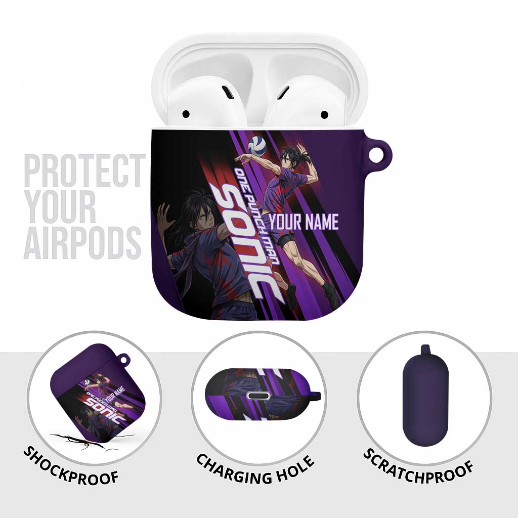 Personalized Sonic Volleyball Design AirPods Case with Purple and Black Athletic Theme and Agile Jump Pose