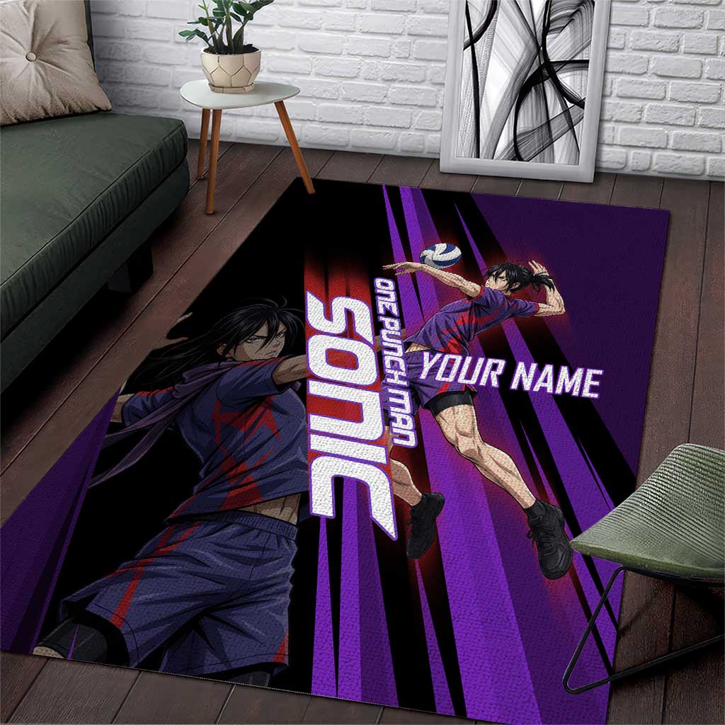 Personalized Sonic Volleyball Design Area Rug with Purple and Black Athletic Theme and Agile Jump Pose