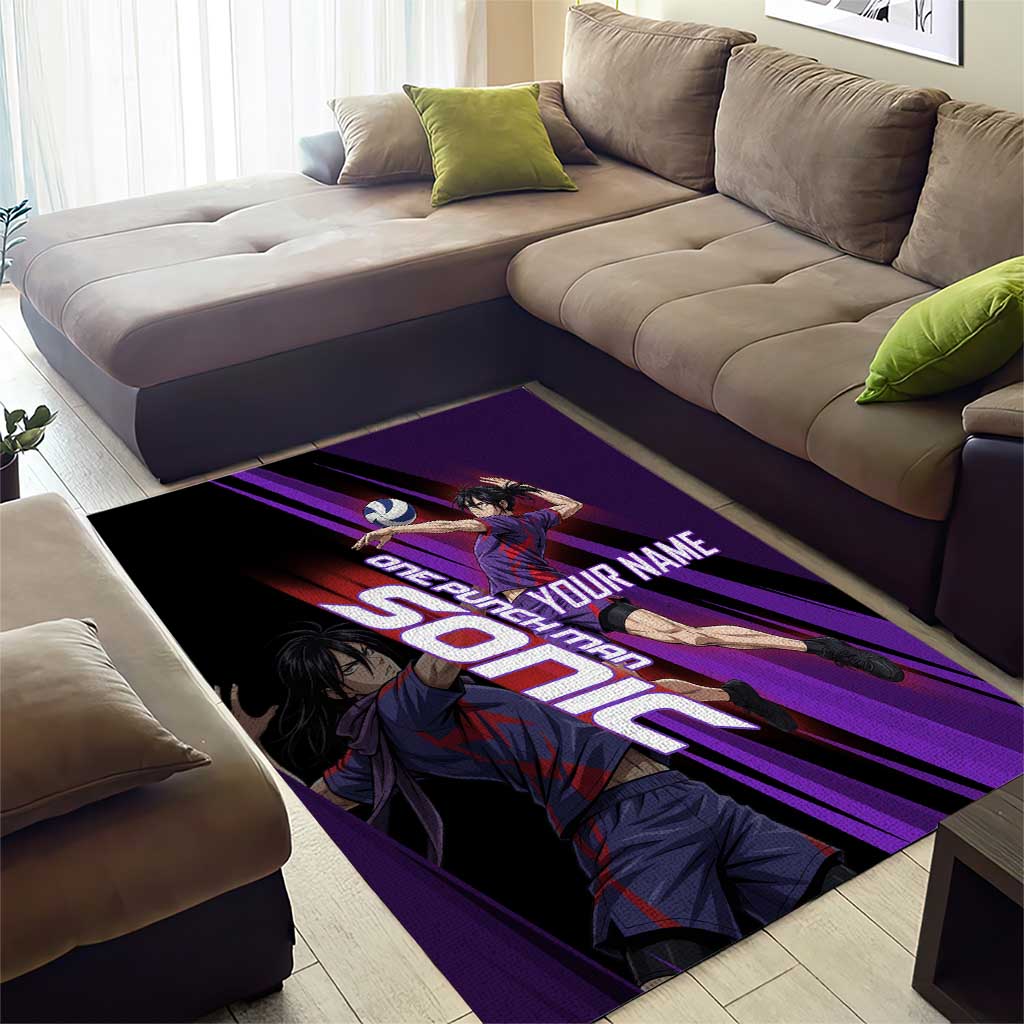 Personalized Sonic Volleyball Design Area Rug with Purple and Black Athletic Theme and Agile Jump Pose