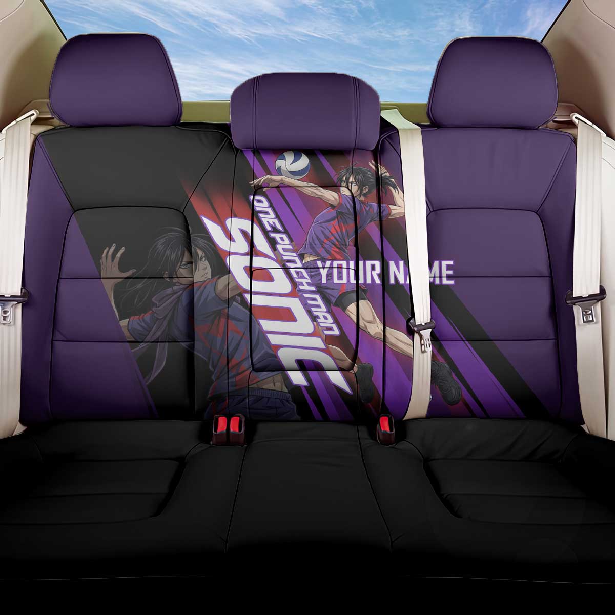 Personalized Sonic Volleyball Design Back Car Seat Cover with Purple and Black Athletic Theme and Agile Jump Pose