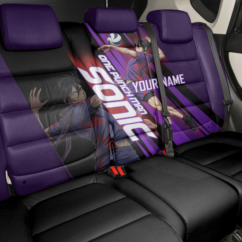Personalized Sonic Volleyball Design Back Car Seat Cover with Purple and Black Athletic Theme and Agile Jump Pose