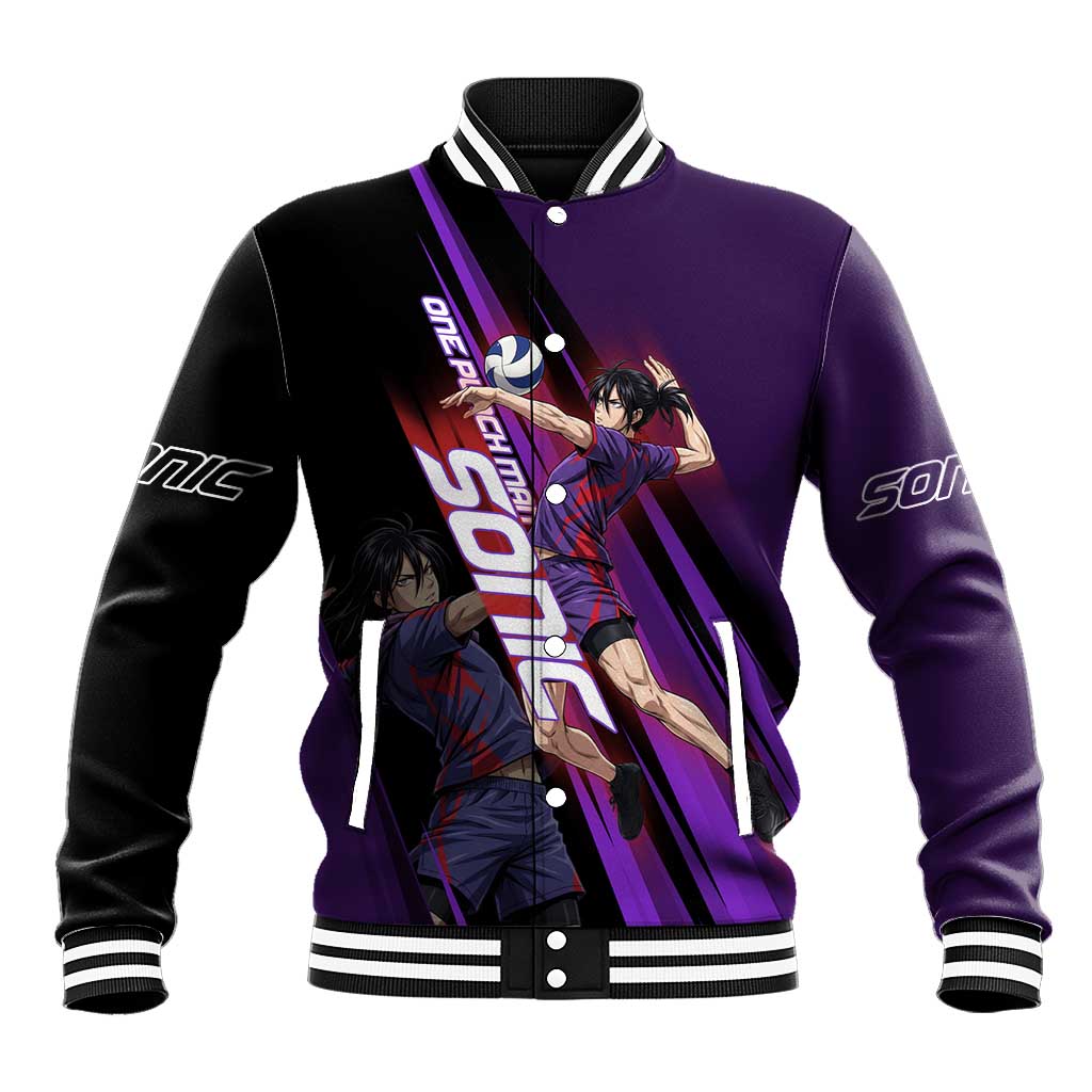 Personalized Sonic Volleyball Design Baseball Jacket with Purple and Black Athletic Theme and Agile Jump Pose