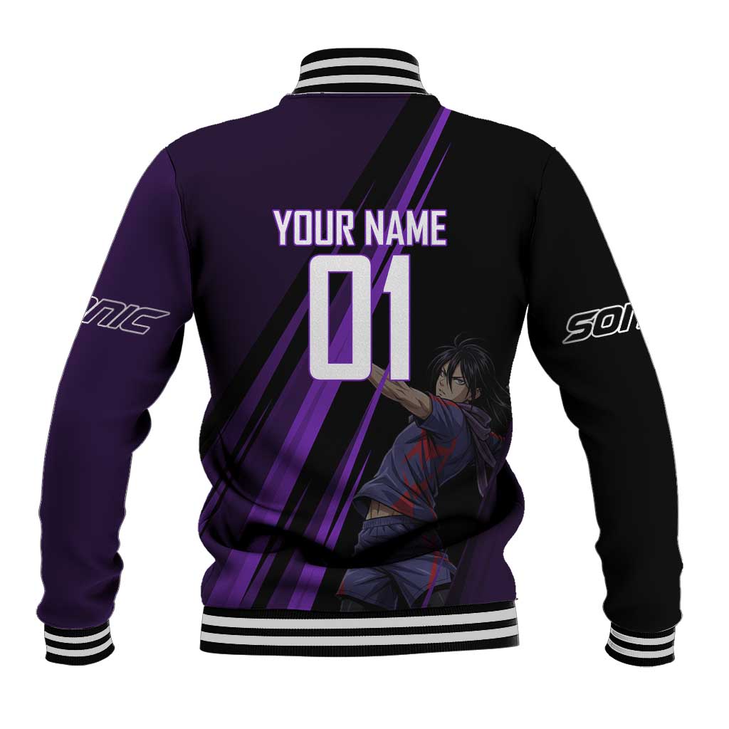 Personalized Sonic Volleyball Design Baseball Jacket with Purple and Black Athletic Theme and Agile Jump Pose