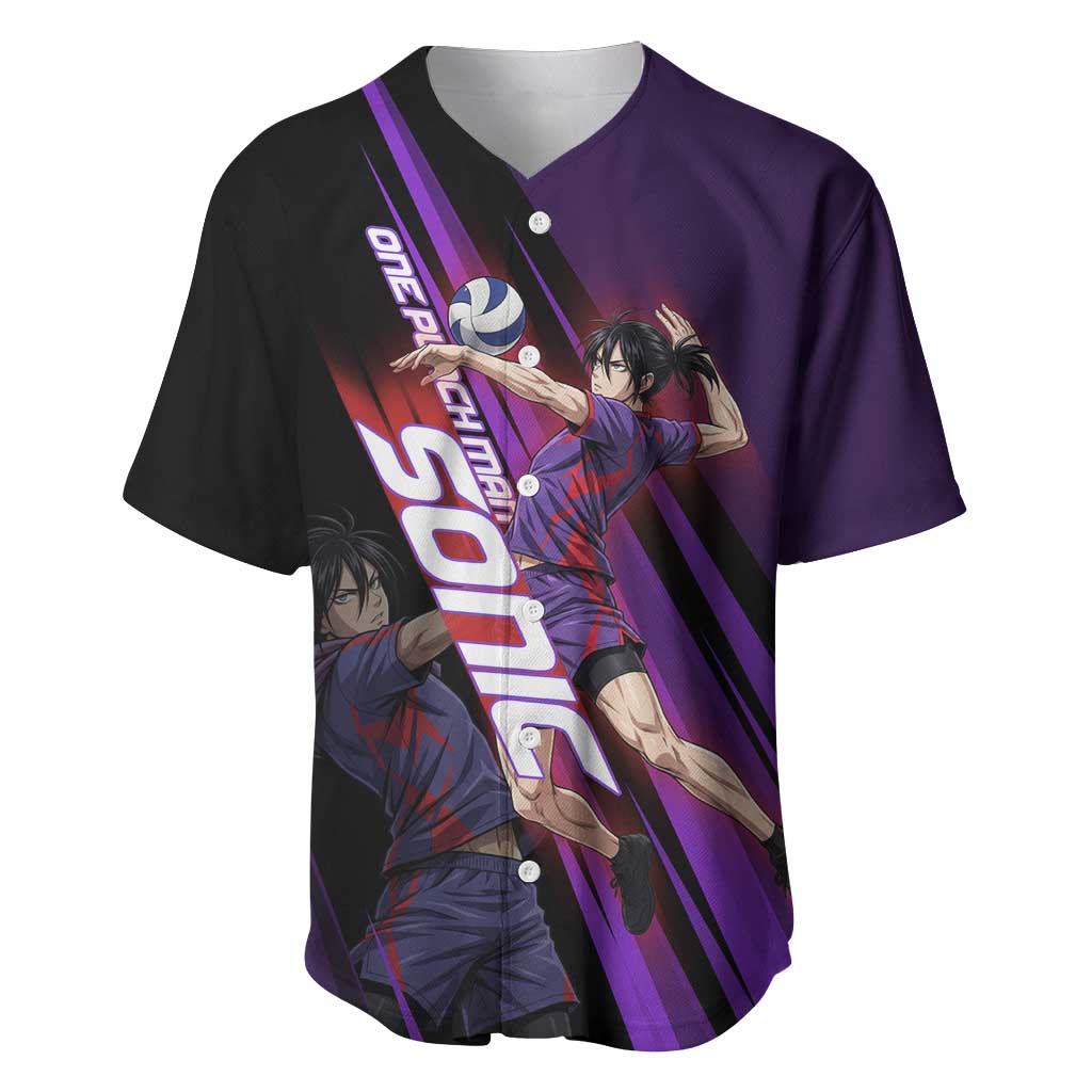 Personalized Sonic Volleyball Design Baseball Jersey with Purple and Black Athletic Theme and Agile Jump Pose