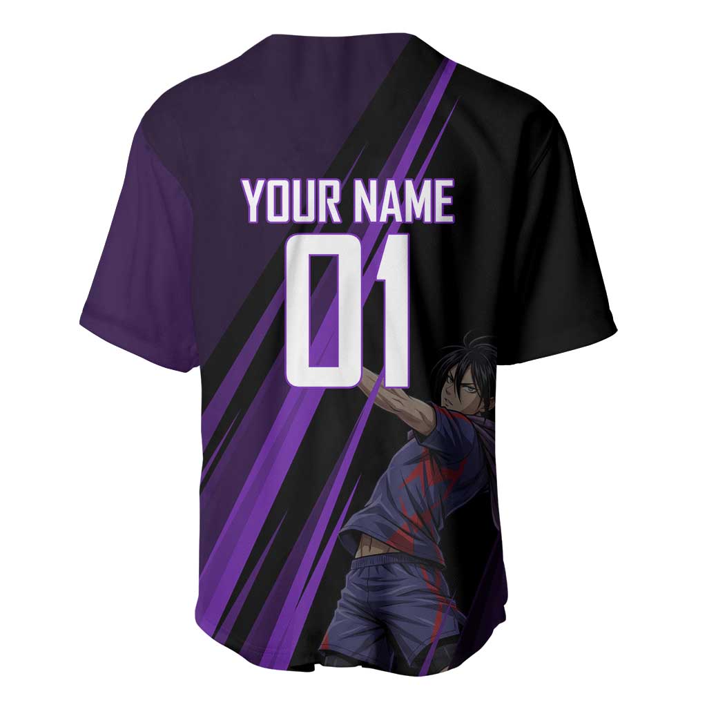 Personalized Sonic Volleyball Design Baseball Jersey with Purple and Black Athletic Theme and Agile Jump Pose