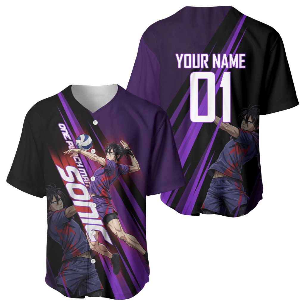 Personalized Sonic Volleyball Design Baseball Jersey with Purple and Black Athletic Theme and Agile Jump Pose