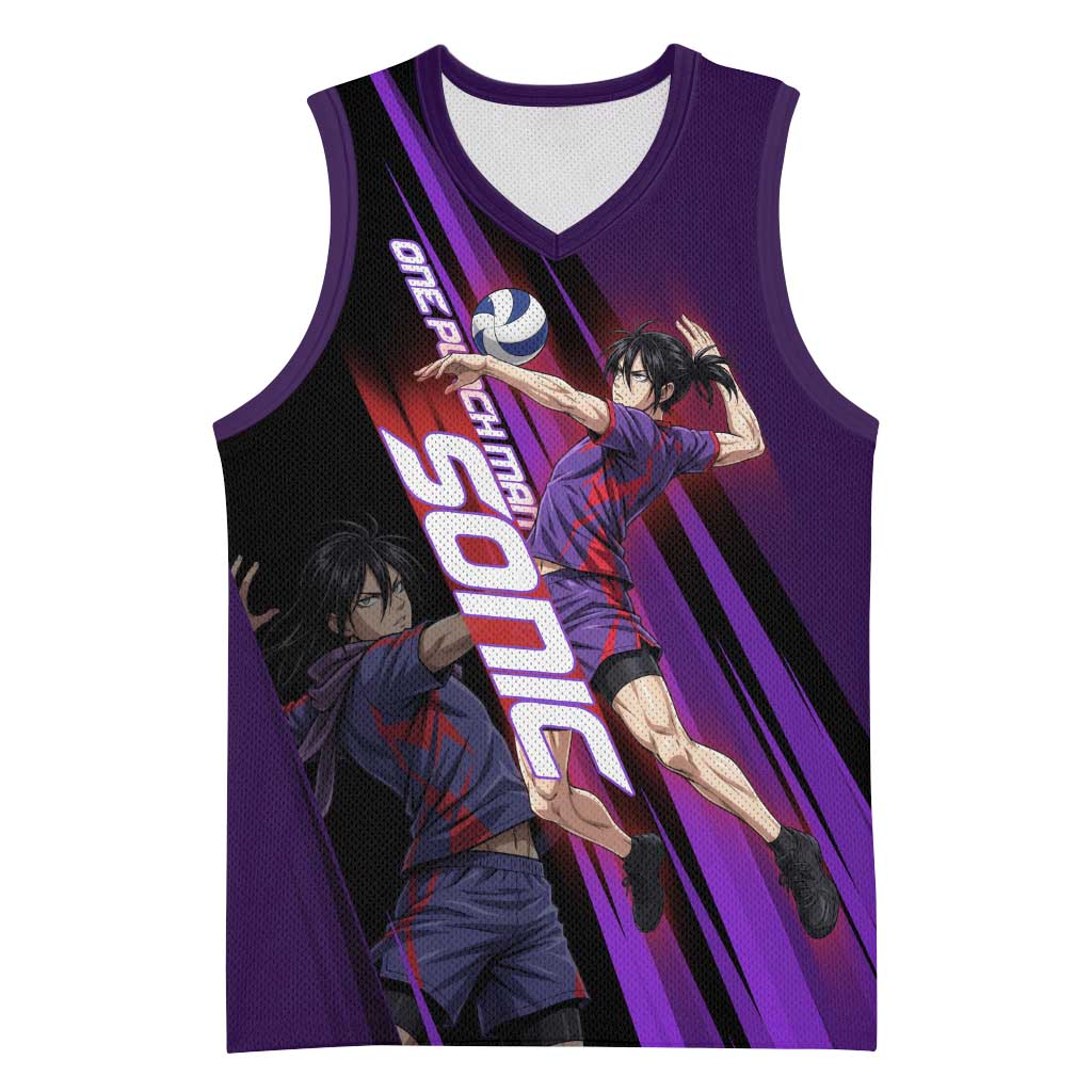 Personalized Sonic Volleyball Design Basketball Jersey with Purple and Black Athletic Theme and Agile Jump Pose