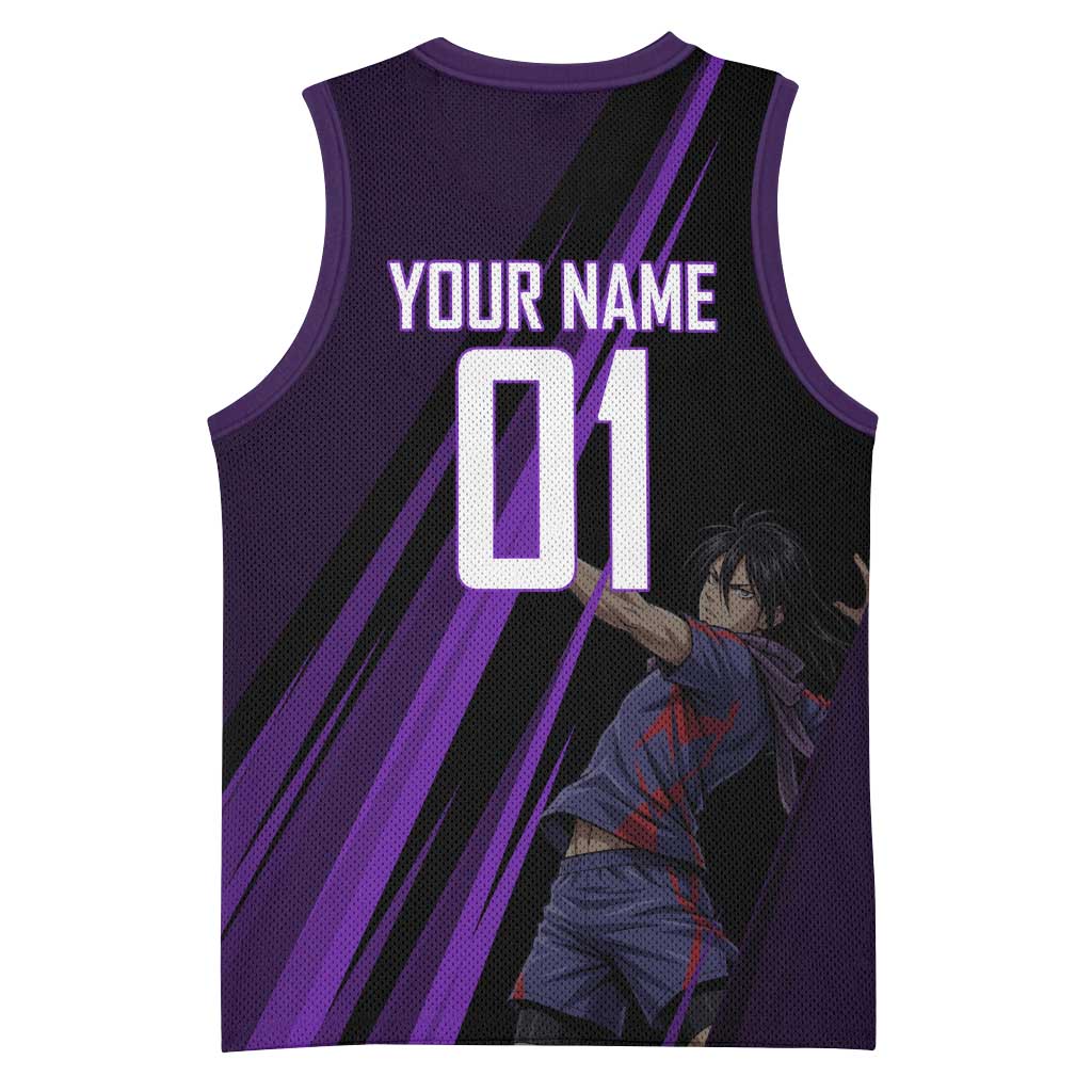 Personalized Sonic Volleyball Design Basketball Jersey with Purple and Black Athletic Theme and Agile Jump Pose