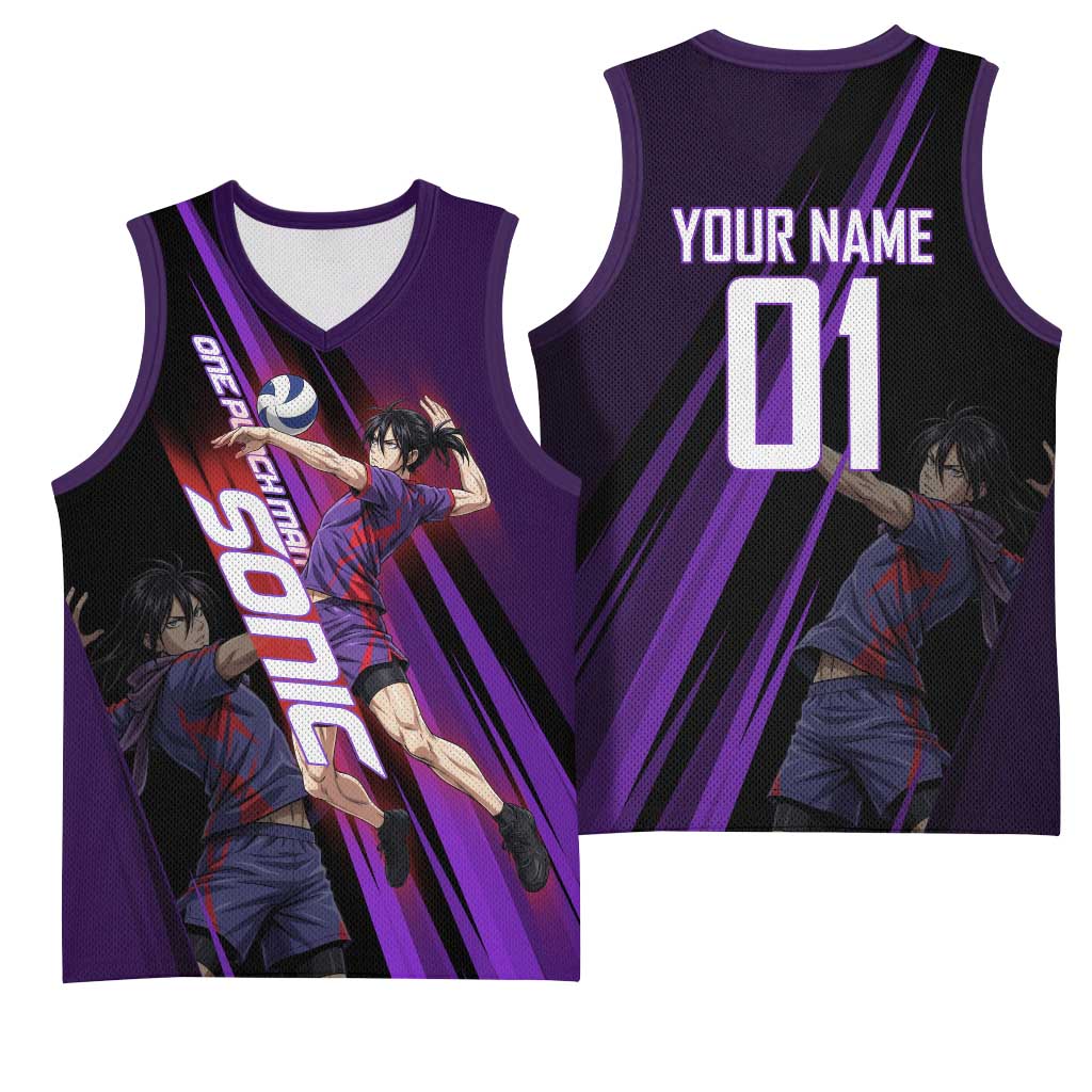 Personalized Sonic Volleyball Design Basketball Jersey with Purple and Black Athletic Theme and Agile Jump Pose