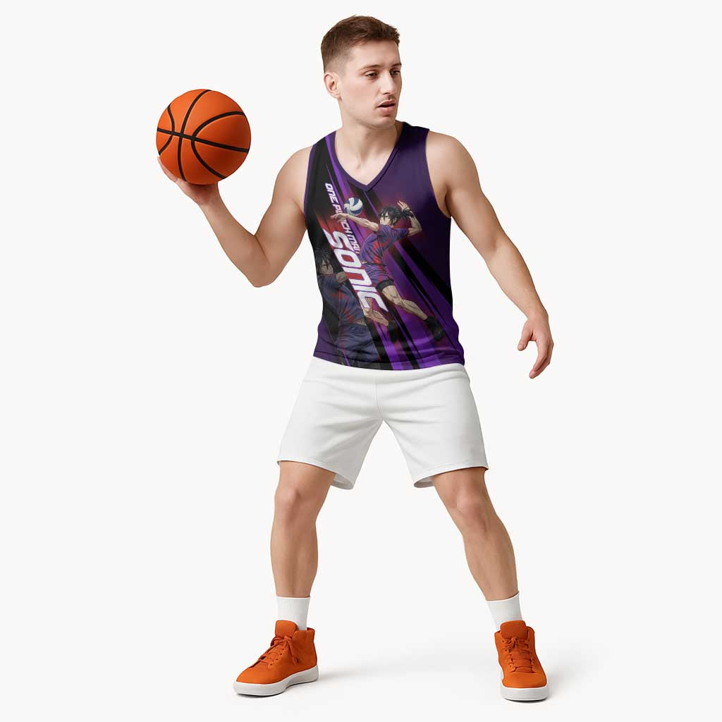 Personalized Sonic Volleyball Design Basketball Jersey with Purple and Black Athletic Theme and Agile Jump Pose