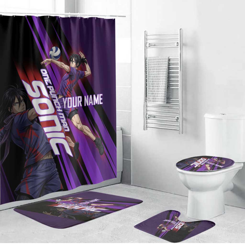 Personalized Sonic Volleyball Design Bathroom Set with Purple and Black Athletic Theme and Agile Jump Pose