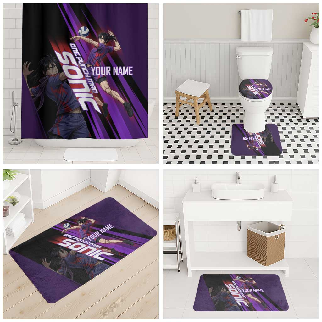 Personalized Sonic Volleyball Design Bathroom Set with Purple and Black Athletic Theme and Agile Jump Pose