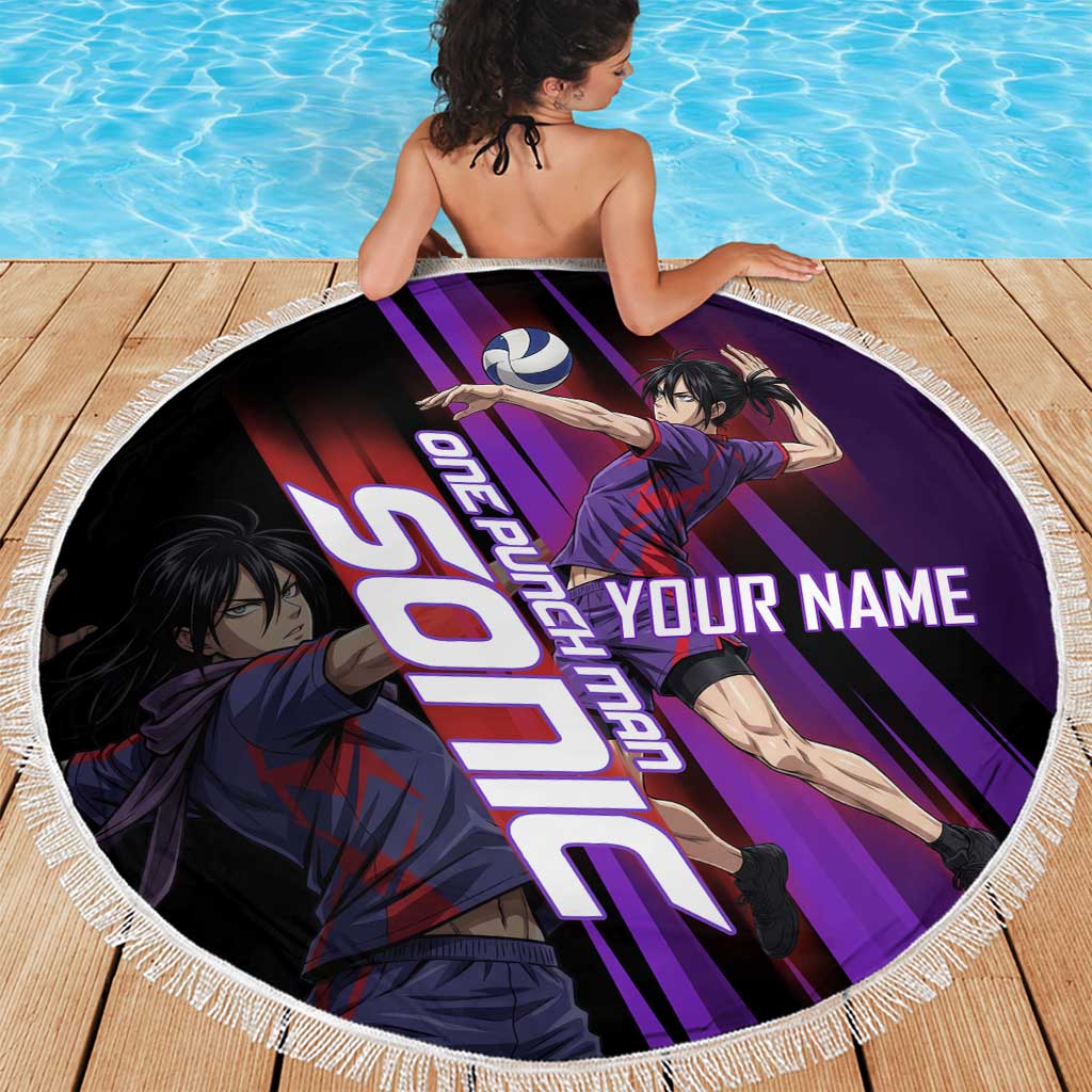 Personalized Sonic Volleyball Design Beach Blanket with Purple and Black Athletic Theme and Agile Jump Pose