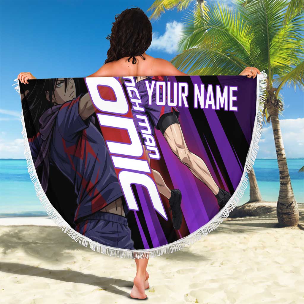 Personalized Sonic Volleyball Design Beach Blanket with Purple and Black Athletic Theme and Agile Jump Pose