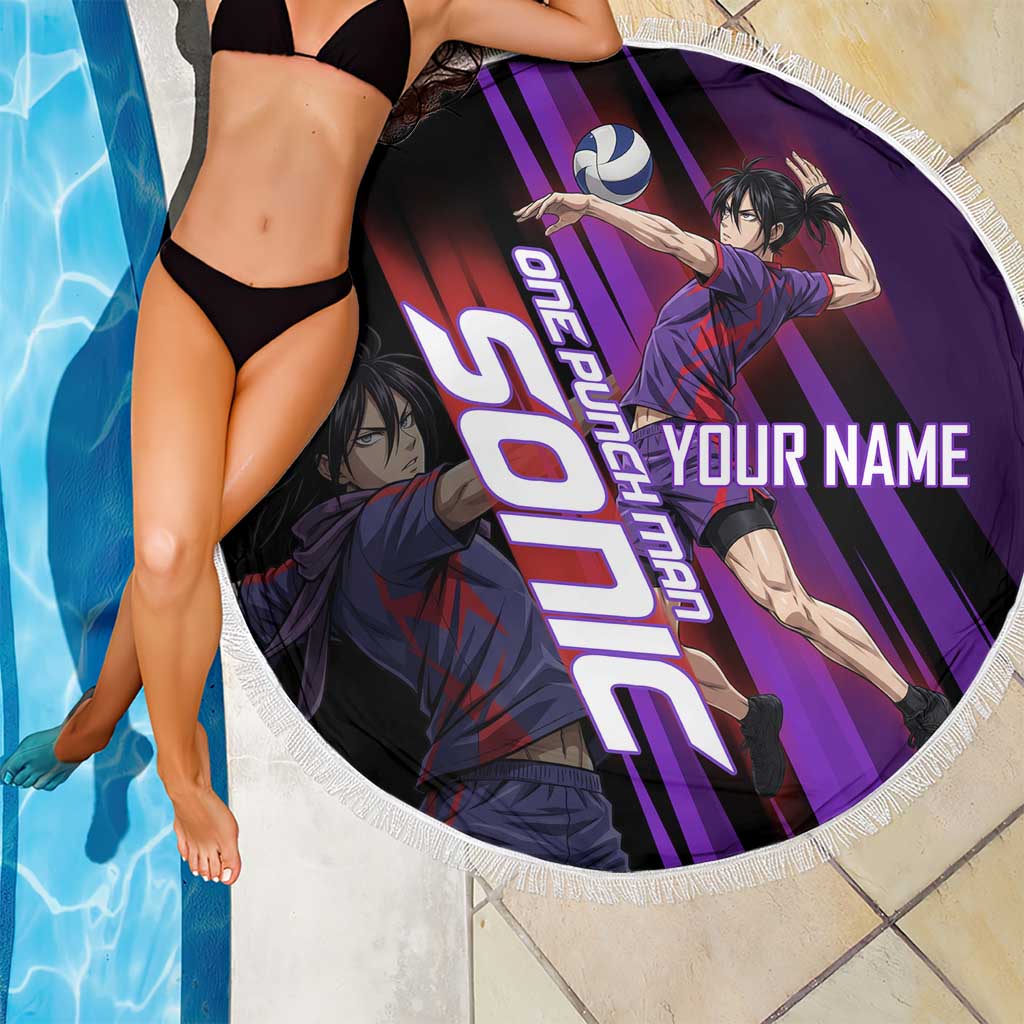 Personalized Sonic Volleyball Design Beach Blanket with Purple and Black Athletic Theme and Agile Jump Pose