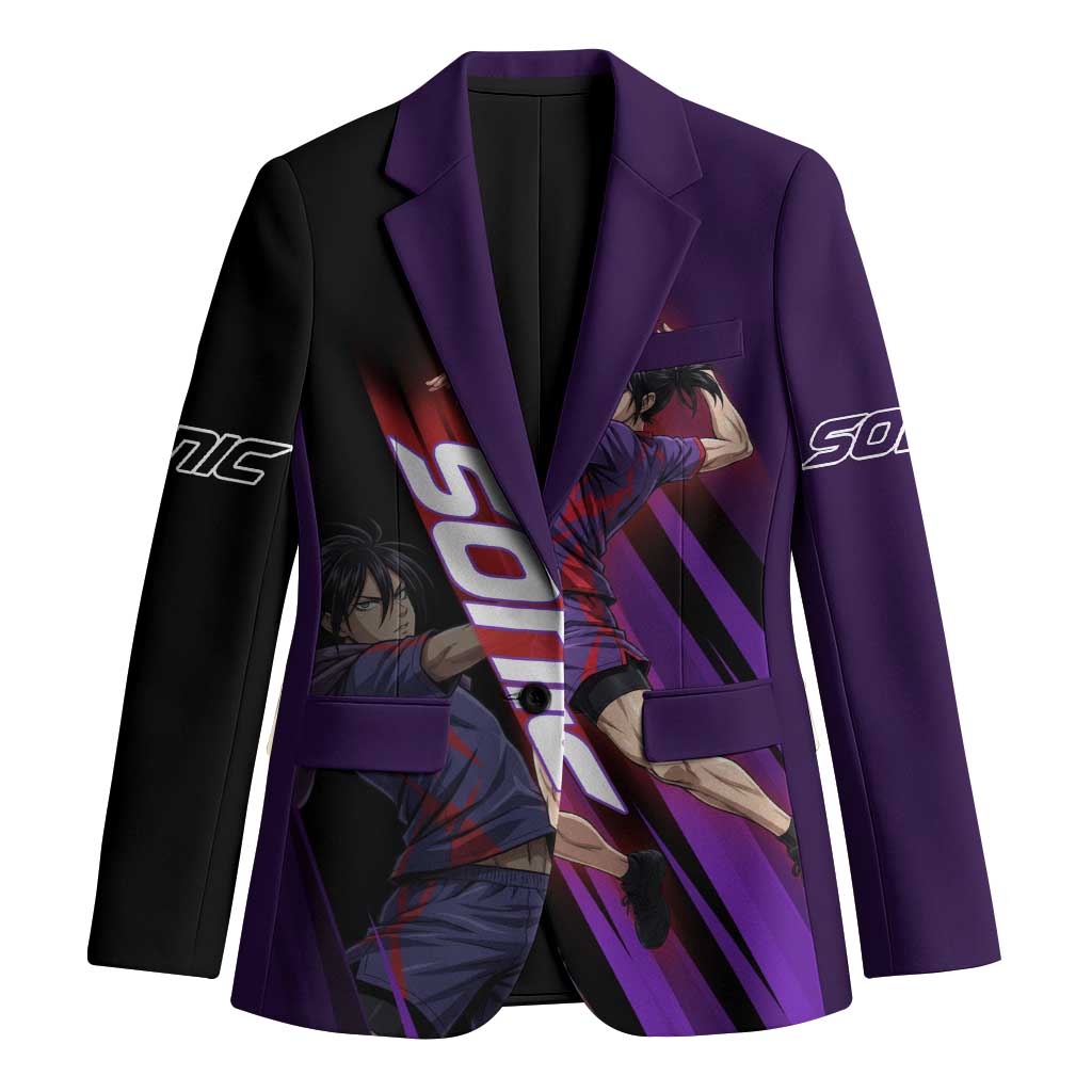 Personalized Sonic Volleyball Design Blazer with Purple and Black Athletic Theme and Agile Jump Pose