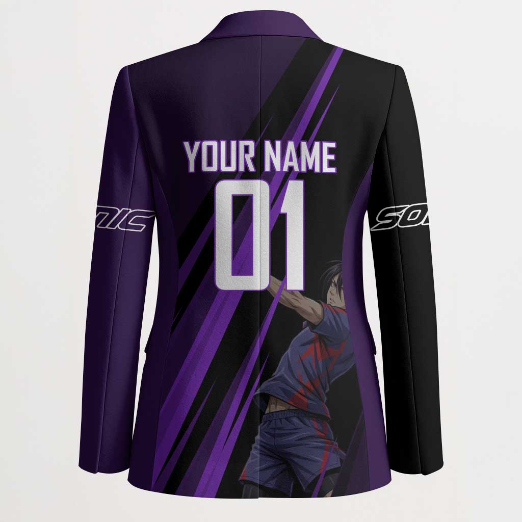 Personalized Sonic Volleyball Design Blazer with Purple and Black Athletic Theme and Agile Jump Pose