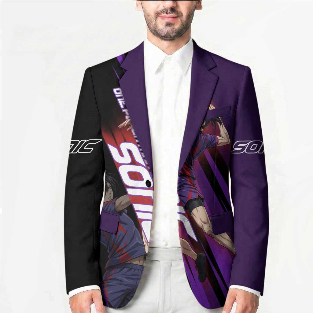 Personalized Sonic Volleyball Design Blazer with Purple and Black Athletic Theme and Agile Jump Pose