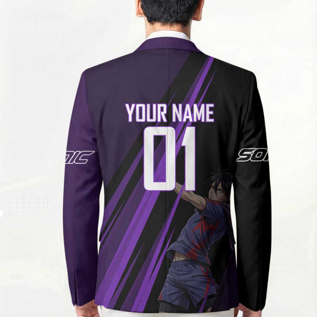 Personalized Sonic Volleyball Design Blazer with Purple and Black Athletic Theme and Agile Jump Pose