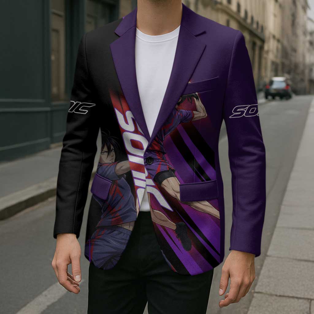 Personalized Sonic Volleyball Design Blazer with Purple and Black Athletic Theme and Agile Jump Pose