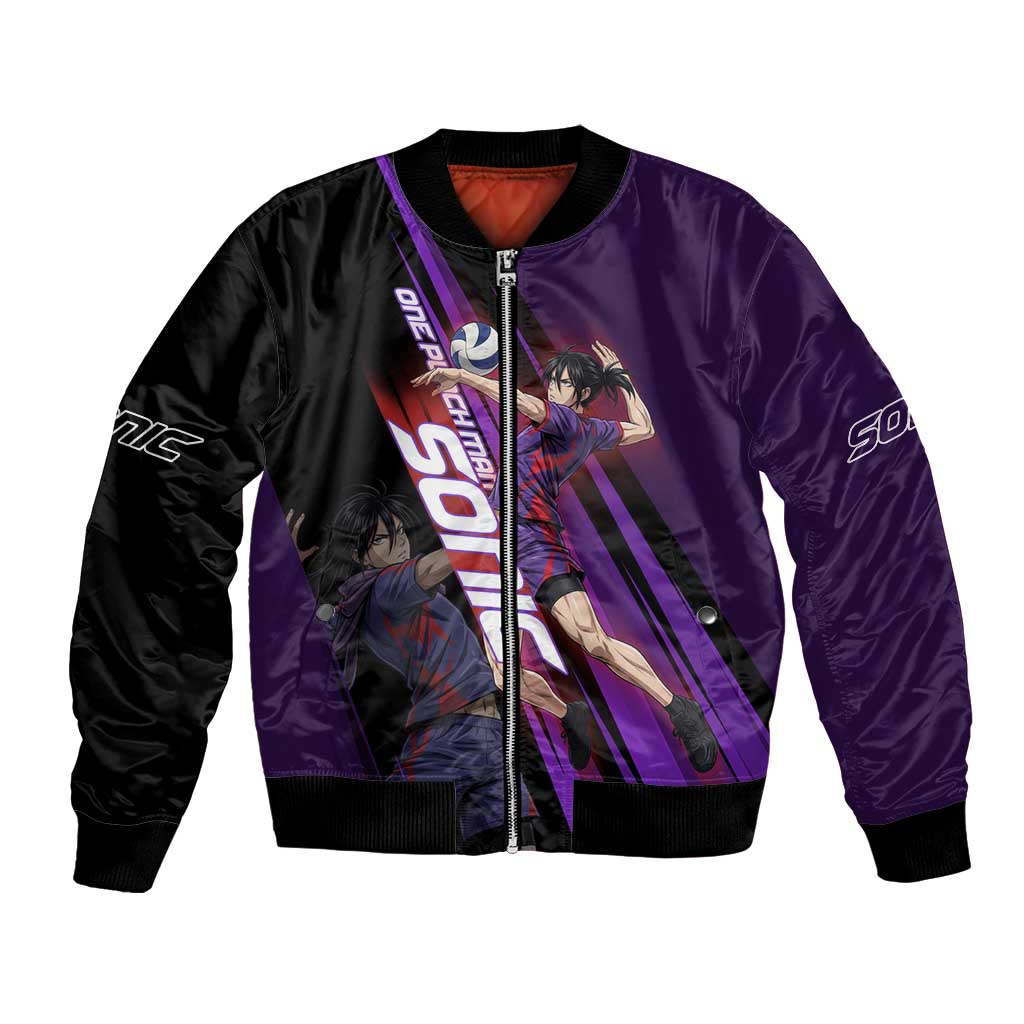 Personalized Sonic Volleyball Design Bomber Jacket with Purple and Black Athletic Theme and Agile Jump Pose