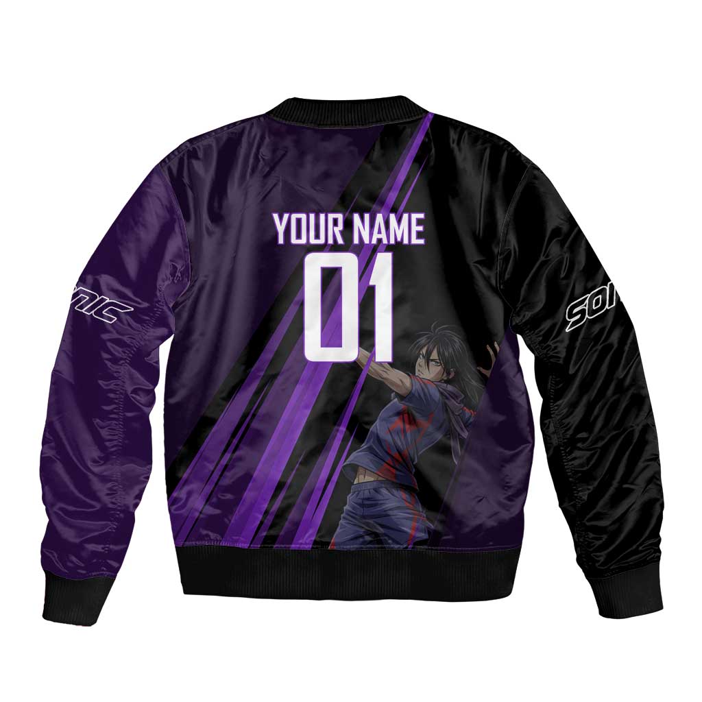 Personalized Sonic Volleyball Design Bomber Jacket with Purple and Black Athletic Theme and Agile Jump Pose