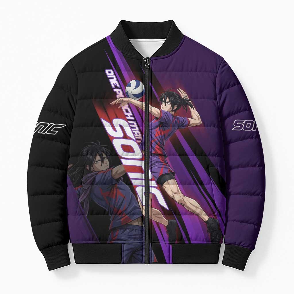 Personalized Sonic Volleyball Design Bomber Puffer Jacket with Purple and Black Athletic Theme and Agile Jump Pose