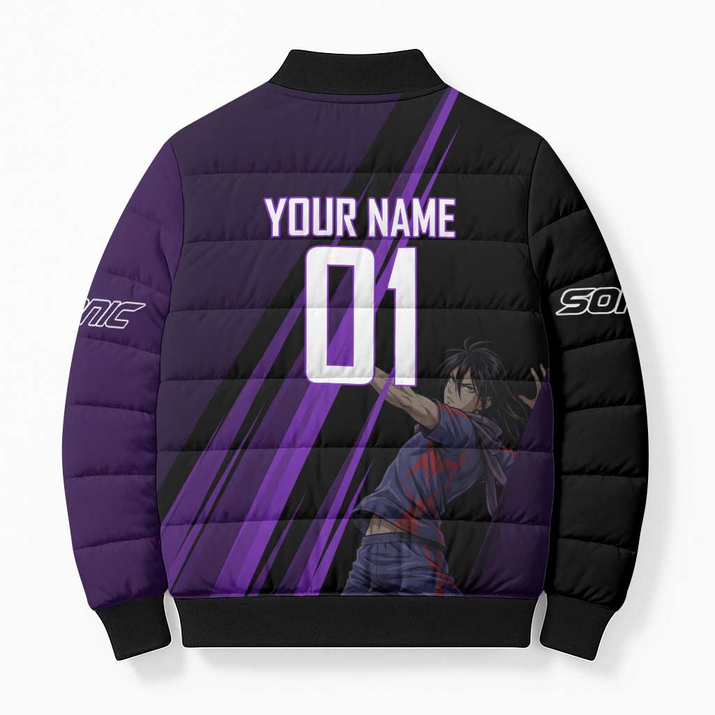 Personalized Sonic Volleyball Design Bomber Puffer Jacket with Purple and Black Athletic Theme and Agile Jump Pose