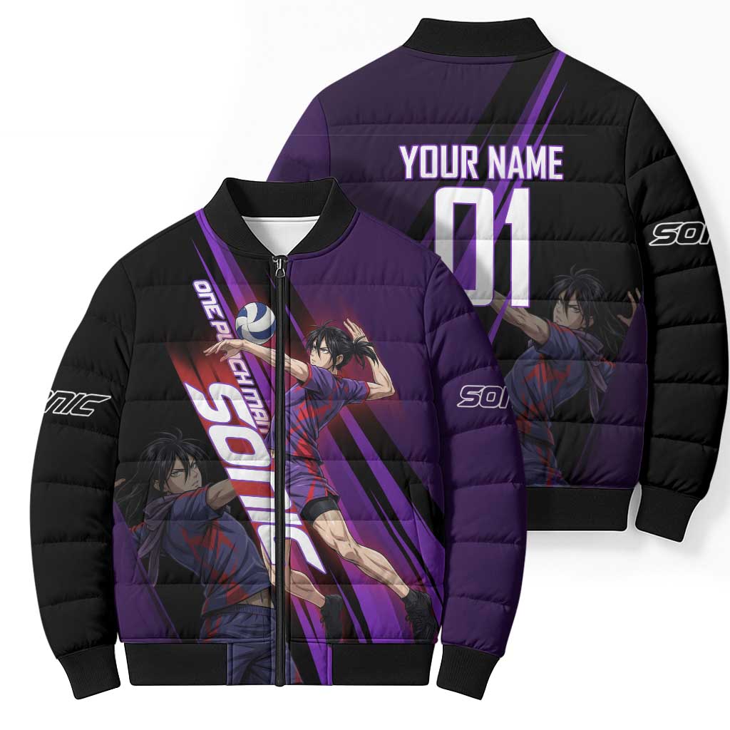 Personalized Sonic Volleyball Design Bomber Puffer Jacket with Purple and Black Athletic Theme and Agile Jump Pose
