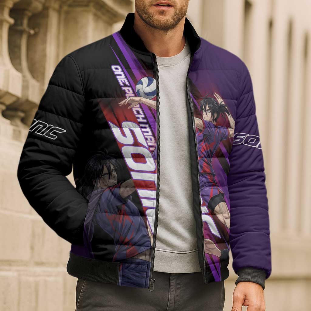 Personalized Sonic Volleyball Design Bomber Puffer Jacket with Purple and Black Athletic Theme and Agile Jump Pose