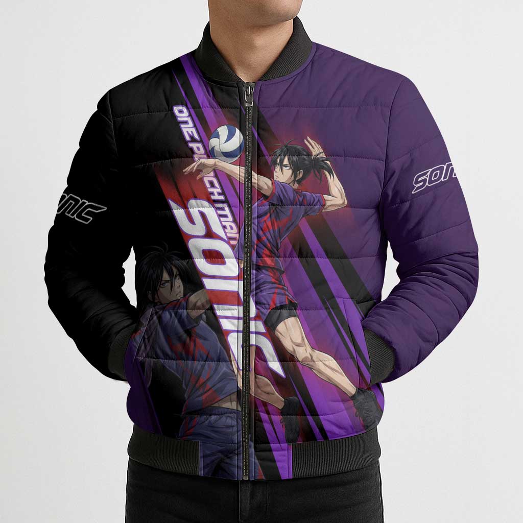 Personalized Sonic Volleyball Design Bomber Puffer Jacket with Purple and Black Athletic Theme and Agile Jump Pose