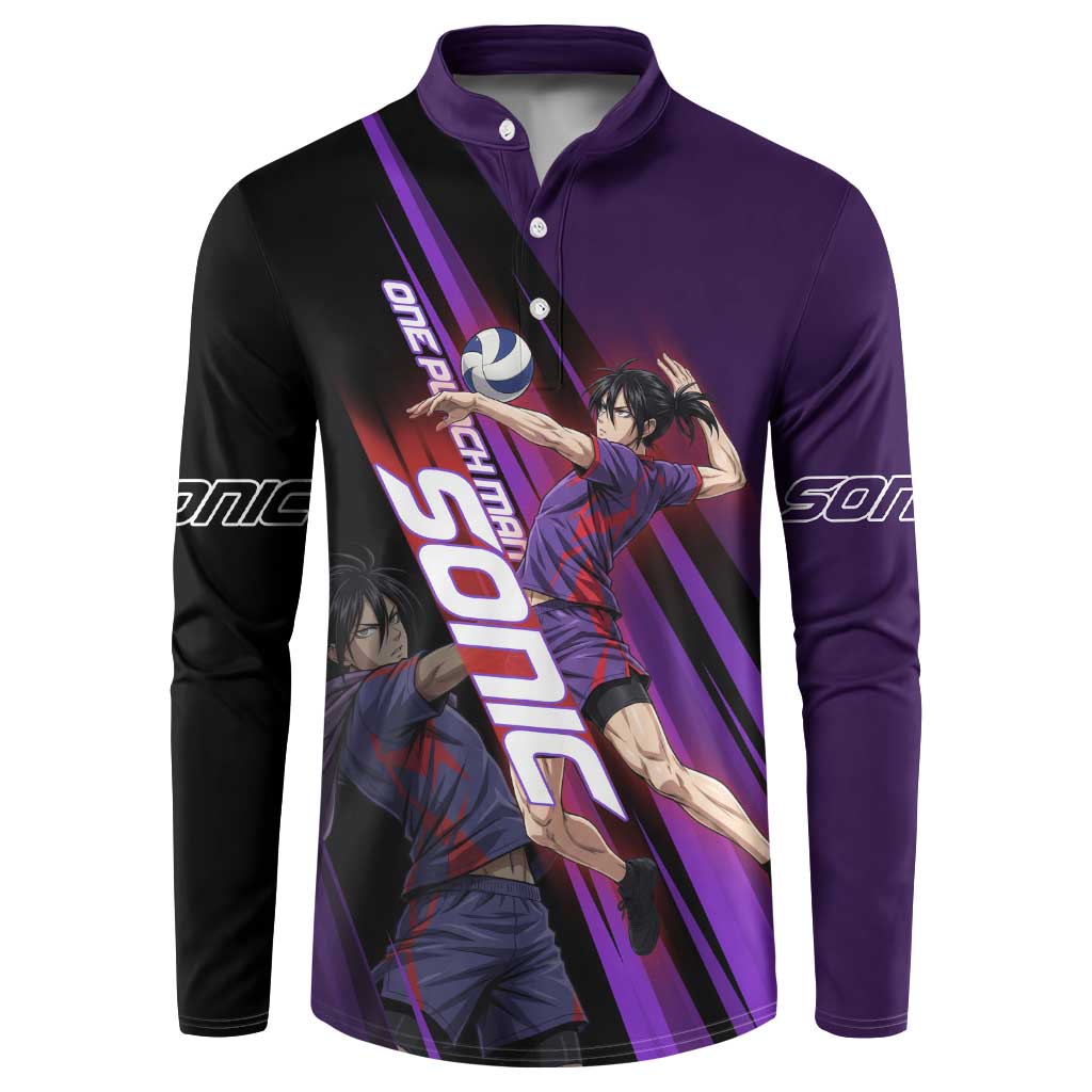 Personalized Sonic Volleyball Design Button Sweatshirt with Purple and Black Athletic Theme and Agile Jump Pose